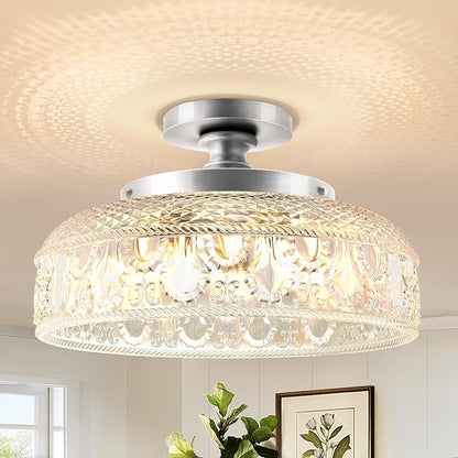 Lamomo Semi Flush Mount Ceiling Light,Upgraded Larger 12 Inch Silver Hallway Light Fixture,3 Light Globe Glass Close to Ceiling Scone, Indoor Hanging Light for Bedroom Kitchen Porch Hallway