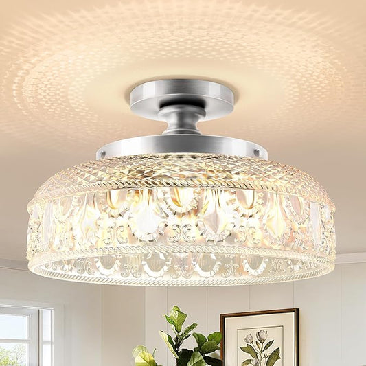 Lamomo Semi Flush Mount Ceiling Light,Upgraded Larger 12 Inch Silver Hallway Light Fixture,3 Light Globe Glass Close to Ceiling Scone, Indoor Hanging Light for Bedroom Kitchen Porch Hallway