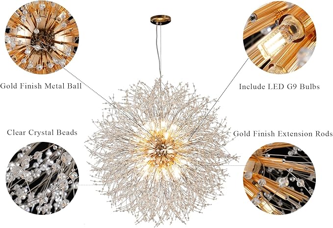 24-Light Farmhouse Crystal Chandeliers, Large Gold Beaded Lamp, Modern Firework Pendant Lighting, Sputnik Dandelion Hanging Lights for Living Room Bedroom Dining Room (Gold, D39.3inch)