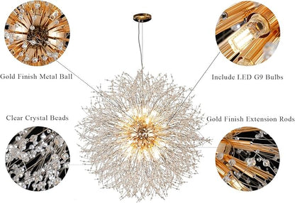24-Light Farmhouse Crystal Chandeliers, Large Gold Beaded Lamp, Modern Firework Pendant Lighting, Sputnik Dandelion Hanging Lights for Living Room Bedroom Dining Room (Gold, D39.3inch)
