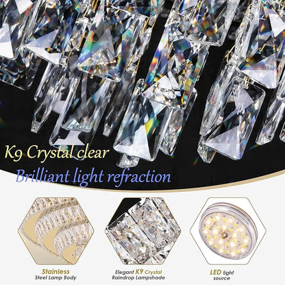 30 inch Flush Mount Crystal Chandeliers with Remote and APP Gold, Modern Elegant LED Crystal Raindrop Ceiling Light Fixture, 3CCT Dimmable, for Living Room Kitchen Island Bedroom Entryway Foyer