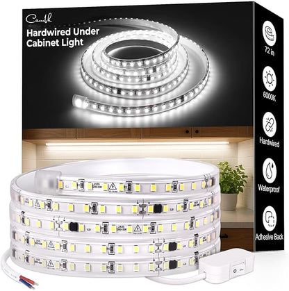 cambk 72inch Hardwired Under Cabinet Lighting for Kitchen,120V Wired Undercounter Led Strip Lights 6000K White Waterproof, Luces para Cocina Bajo Gabinete Under Shelf Lights for Sink/Workbench