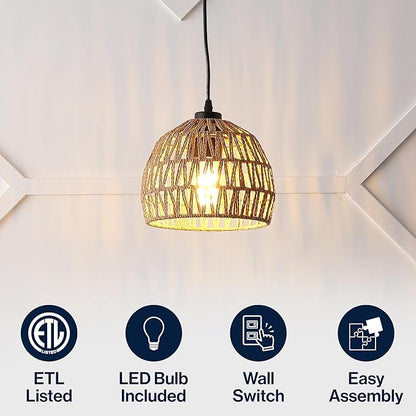 JONATHAN Y 8.25" Brown Modern Bohemian Woven Rope LED Pendant Light Fixture, Adjustable Dome Ceiling Lamp for Kitchen Island, Rope Shade, Coastal Farmhouse Decor (JYL6512E)