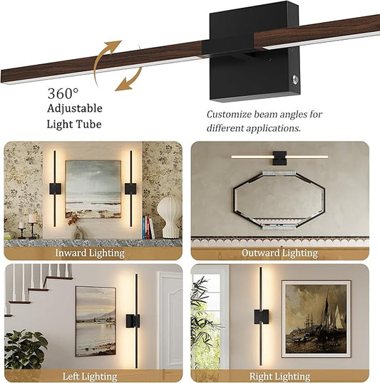 Rayogale 32 Inch Rechargeable Battery Operated Wall Sconce Set 2, 8000mAh Cordless, 3000K/4500K/6000K, Dimmable, Remote, Touch Control, 360° Rotation for Living Room Black Walnut 2 Pack