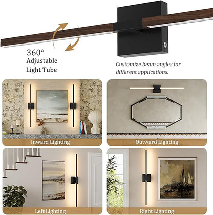 Rayogale 36 Inch Rechargeable Battery Operated Wall Sconce Set Two, 8000mAh Cordless, 3000K/4500K/6000K, Dimmable, Touch Control, 360° Rotation for Living Room Black Walnut(2 Pack)