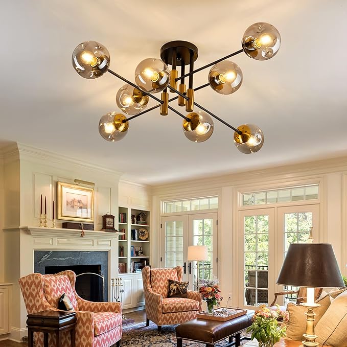8 Light Glass Globe Ceiling Light Black and Gold Mid Century Flush Mount Sputnik Light Fixture Bubble Chandelier Living Room Farmhouse for Dining Room Kitchen Bedroom.