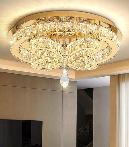 20'' Modern Crystal Chandelier LED Dimmable Flush Mount Ceiling Light Pendant Light for Living Room Bedroom Dining Room Gold Light Fixture