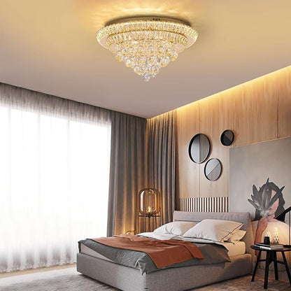 Miuyhji Large LED Crystal Raindrop Ceiling Light,Rose Gold, 24" Elegant Semi Flush Mount Chandelier Light Fixture with Remote Control for Living Room Kitchen Bedroom Hallway Entryway Foyer(Dimmable)
