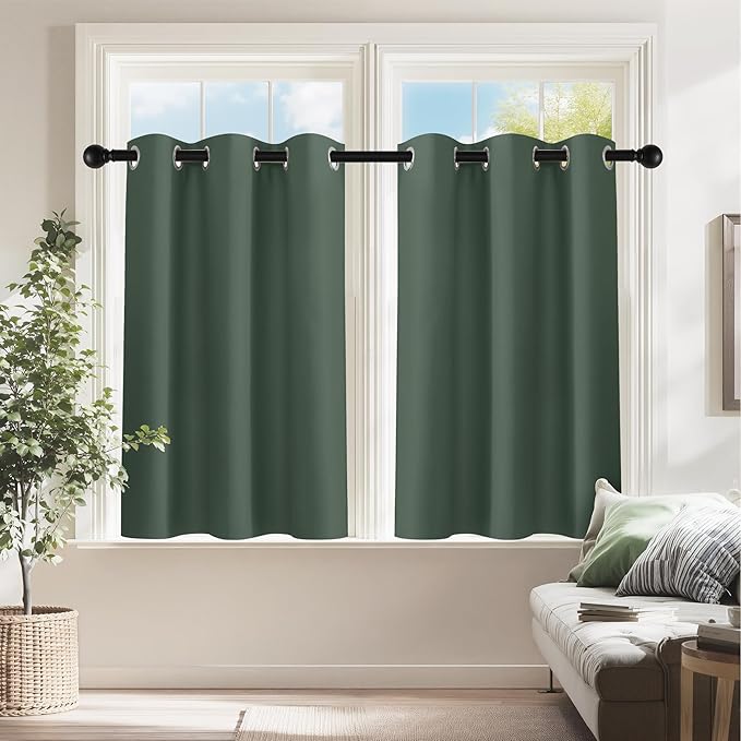 PONY DANCE Dark Green Short Blackout Curtains 36 inch Length for Kitchen, Privacy Small Black Out Grommet Half Window Drapes for Bathroom Cabinet Camper RV Bunk(W42 x L36 inch, 2 Panels)