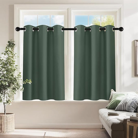 PONY DANCE Dark Green Short Blackout Curtains 36 inch Length for Kitchen, Privacy Small Black Out Grommet Half Window Drapes for Bathroom Cabinet Camper RV Bunk(W42 x L36 inch, 2 Panels)