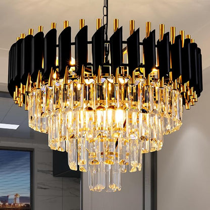 Modern Chandelier Gold and Black Crystal Chandeliers 4-Tier 20 Inch Round Hanging Crystal Pendant 7 Lights Fixture for Dining Room Bedroom Living Room Farmhouse, Clear