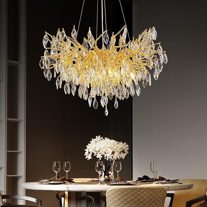 Crystal Chandelier for Dining Room, 24" Modern Living Room Light Fixture, Gold Tree Branch Chandeliers with 8-Light, Round Chandelier for Dining Table, Bedroom, Entryway, Bathroom, Foyer