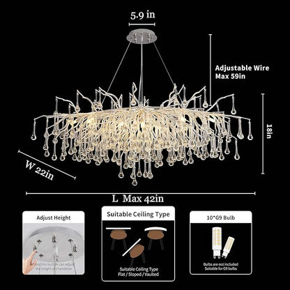 Modern Crystal Raindrop Chandelier, L40'' Silver Linear Rectangle Art Deco Tree Branch Lighting Fixture for Kitchen Island Living Room Foyer Staircase 10 Lights