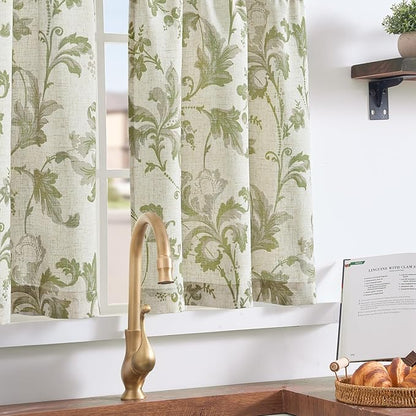 jinchan Linen Kitchen Curtains 36 Inch Vintage Floral Tier Curtains Farmhouse Cottage Cafe Rod Pocket Country Small Window for Laundry Room Bathroom RV 2 Panels Green on Beige
