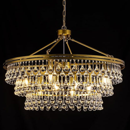 Wellmet 32" Brass Gold Farmhouse Chandelier, Large Modern Crystal Teardrop Chandeliers, Round Light Fixture for Dining Room, Living Room, Bedroom, Kitchen, Hallway, Closet