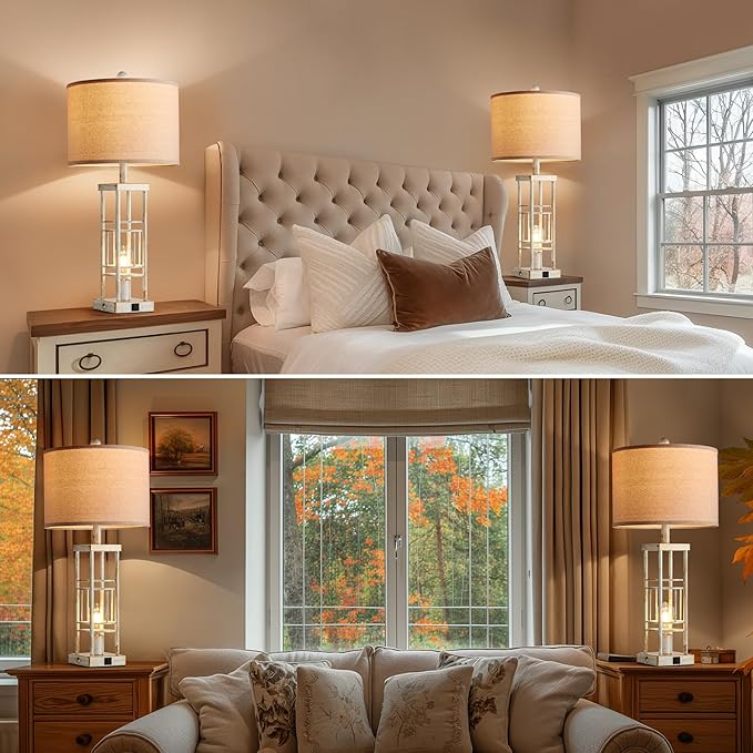 Reaketon Table Lamp for Living Room Set of 2 with USB C+A & Bulbs, 3-Way Dimmable 27.6" Farmhouse End Lamps, Rustic Bedside Lamp for End Tables, Industrial Nightstand Lamps for Bedroom