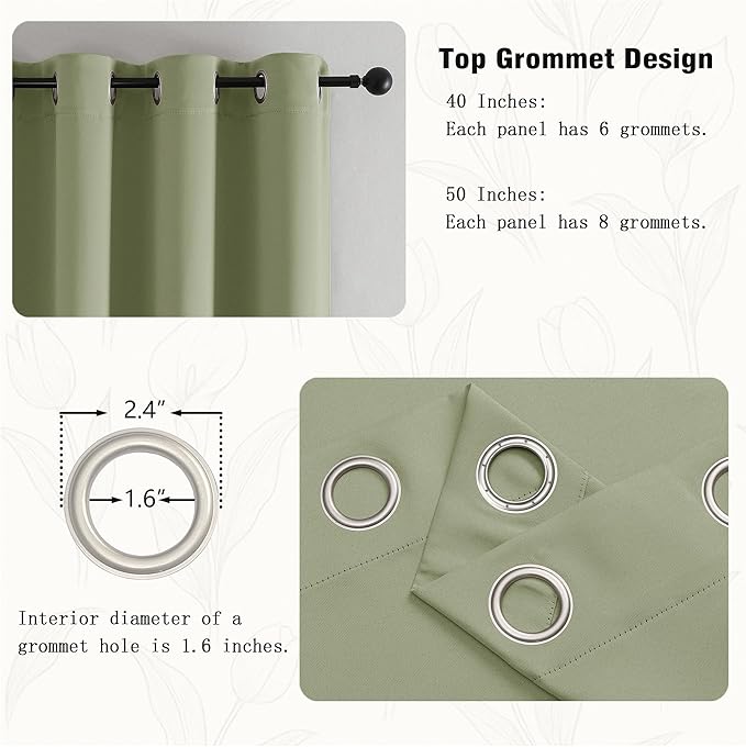 Simplebrand Sage Green Room Darkening Curtains for Bedroom 63 Inch Length 2 Panels Set, Thermal Insulated Energy Saving Curtains for Kids Room, Grommet Solid Nursery Window Treatment Drapes, W40 x L63