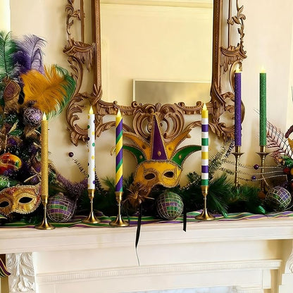 Honoson 6 Pcs Mardi Gras Flameless Taper Candles 10.6 Inch Purple Green and Gold Candles Battery Operated LED Candlesticks for Mardi Gras Dinner Table Centerpiece Indoor Outdoor Party Home Decor