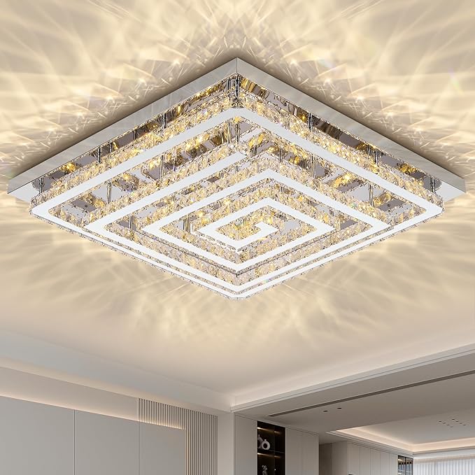 43 inch Crystal Chandelier with Remote/APP Control, 3 Color Temperature Light Fixture & Brightness Adjustable, Modern Flush Mount LED Ceiling Light Fixture for Living Room Kitchen Hallway Dining Room