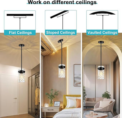 4.72" Hammered Glass Pendant Lighting for Kitchen Island 1 Pack, Modern Black Pendant Light Fixtures, Adjustable Ceiling Pendant Light for Kitchen Island Dining Room Bedroom Hallway