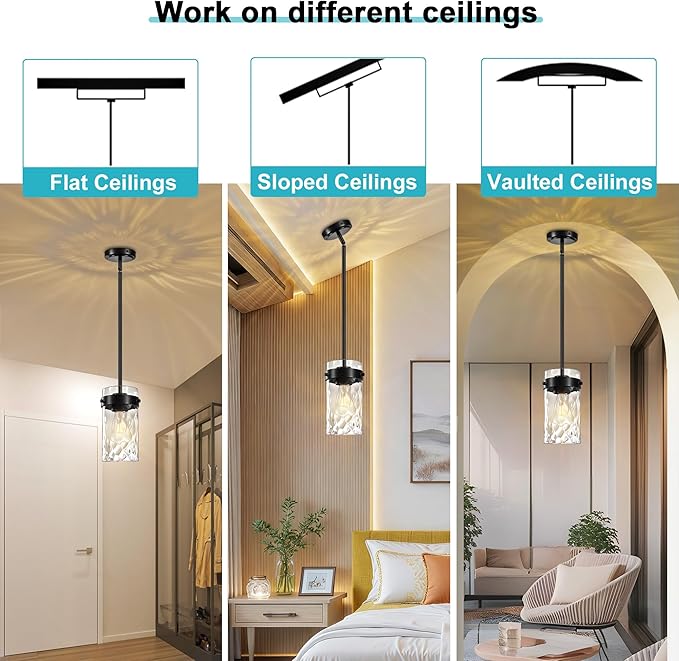 4.72" Hammered Glass Pendant Lighting for Kitchen Island 2 Pack, Modern Black Pendant Light Fixtures, Adjustable Ceiling Pendant Light for Kitchen Island Dining Room Bedroom Hallway