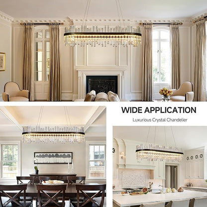 Modern Rectangular Crystal Led Chandelier: 39.3" Black Linear Large Clear Crystals Chandeliers - Luxury Rectangle Contemporary Ceiling Chandelier - Decorated Long Chandeliers for Living Room Bedroom