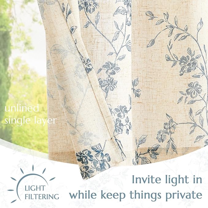 jinchan Floral Linen Kitchen Curtains with Attached Valance 36 Inch Length Farmhouse Cafe Tier Curtains for Living Room Bathroom Rustic Half Window Light Filtering Small Drapes 2 Panels Blue