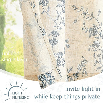 jinchan Floral Linen Kitchen Curtains with Attached Valance 36 Inch Length Farmhouse Cafe Tier Curtains for Living Room Bathroom Rustic Half Window Light Filtering Small Drapes 2 Panels Blue