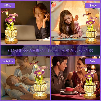 Flower Table Lamp, 3-Color Dimmable Artificial Flowers Night Light, Rechargeable Cordless Small Desk Lamp, Morning Glory with Crystal Vase for Party Date Home Decoration (Purple - Morning Glory)