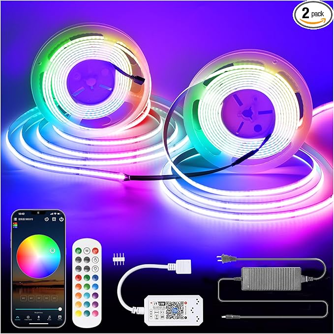 RGB COB Led Strip Light 32.FT/10M(2 Rolls of 16.4FT/5M), COB Led Strip 10mm Width/5760 LEDs, 24V Color Changing Led Strip Lights with Remote, Flexible Led Tape Light for TV Led Backlights