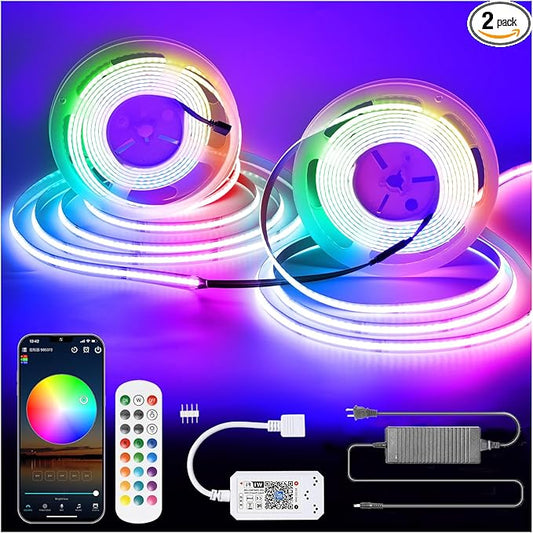 RGB COB Led Strip Light 32.FT/10M(2 Rolls of 16.4FT/5M), COB Led Strip 10mm Width/5760 LEDs, 24V Color Changing Led Strip Lights with Remote, Flexible Led Tape Light for TV Led Backlights