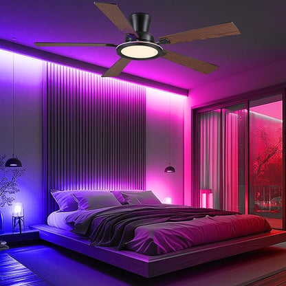Ayaoty 52in Flush Mount Ceiling Fan with RGB Lights and Remote/APP, Low Profile RGB Ceiling Fan with 5 Reversible Blades, Dimming, Indoor Modern Fan Light Fixutre for Kid's Room, Bedroom, Brown