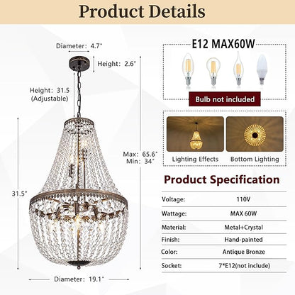 Wellmet French Empire Crystal Chandelier Farmhouse Antique Bronze Chandeliers Light Fixture, 7 Lights Adjustable Pendant Light for Dining Living Room, Bedroom, Entryway, Kitchen, Foyer, 19" W