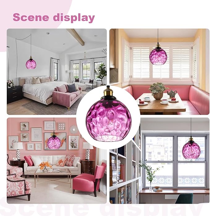 Corner Pendant Light Plug in, Hanging Chandeleir with Plug in Cord, Hand Blown Purple Water Ripple Glass Globe, Bohemian Bedroom Living Room Hanging Lamp Ambient Lighting for Reading Nook