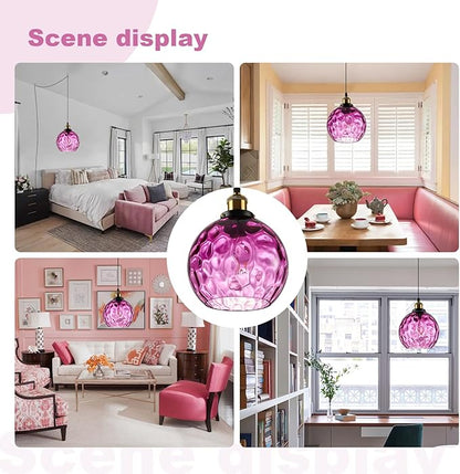 Corner Pendant Light Plug in, Hanging Chandeleir with Plug in Cord, Hand Blown Purple Water Ripple Glass Globe, Bohemian Bedroom Living Room Hanging Lamp Ambient Lighting for Reading Nook