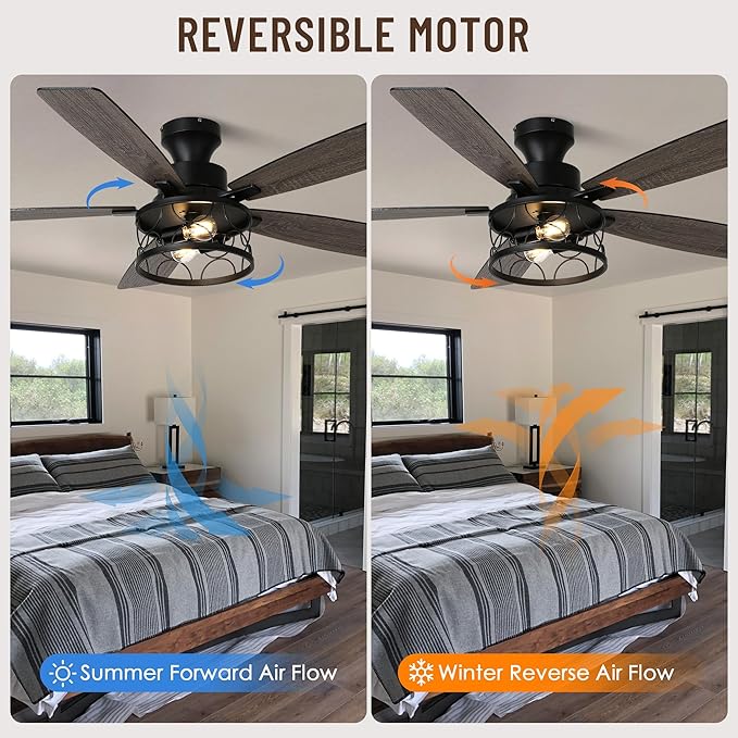 52'' Flush Mount Ceiling Fan with Light, Farmhouse Low Profile Ceiling Fan with Remote, 6-Speed Quiet Reversible DC Motor, 3 Clear Glass Lights, Timer Function, for Bedroom Living Room Kitchen