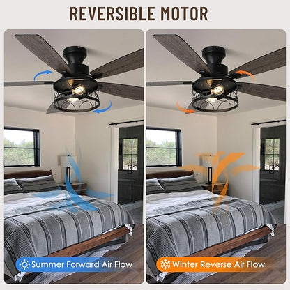 52'' Flush Mount Ceiling Fan with Light, Farmhouse Low Profile Ceiling Fan with Remote, 6-Speed Quiet Reversible DC Motor, 3 Clear Glass Lights, Timer Function, for Bedroom Living Room Kitchen