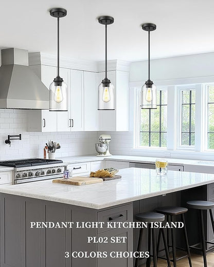 LIROUVET 2 Pack Pendant Lights Kitchen Island, Modern Pendant Lights, Black Hanging Lamp with Clear Glass, Industrial Pendant Light Fixtures for Dining Room PL02 CLBK-2PK