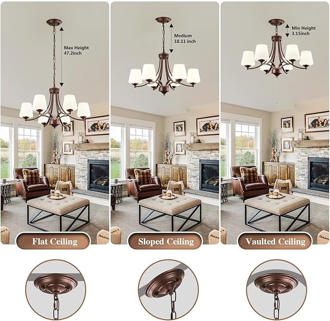 Oil-Rubbed Bronze Farmhouse Chandelier for Dining Room Hanging Lighting Fixtures 6-Light Chandelier with Frosted Glass Shade, Rustic Pendant Light for Kitchen Island Adjustable Height 47.2’’