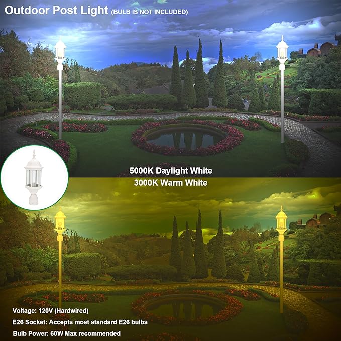 LIT-PaTH Outdoor Post Lighting Fixture Pole Lantern, E26 Medium Base Max 60W, Aluminum Housing Plus Glass, 2-Pack, White Finish