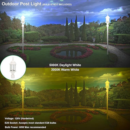 LIT-PaTH Outdoor Post Lighting Fixture Pole Lantern, E26 Medium Base Max 60W, Aluminum Housing Plus Glass, 2-Pack, White Finish