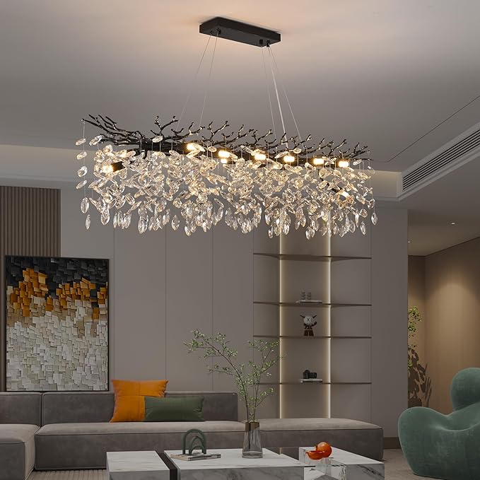 Modern Rectangle Crystal Tree Branch Chandelier, L47.3'' Luxury Black Linear Art Deco Raindrop Pendant Lighting Fixture for Kitchen Island Foyer Living Room Dining Room 14 Lights