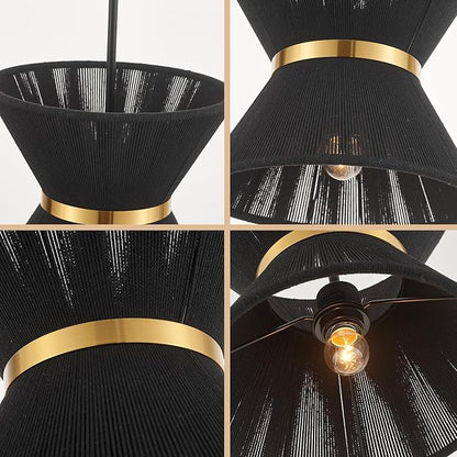 Hand Woven Boho Pendant Light Coastal Mini Modern Chandelier Adjustable Transitional Minimalist Pendant Lighting Fixtures for Kitchen Island Dining Room, Black, Dia 12.2”, UL Listed
