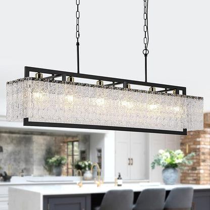 Modern Black Crystal Chandelier for Dining Room, 50" Hanging Light Fixture,Water Ripple Glass Design, Adjustable Height, Rectangle Chandelier for Living Room Kitchen Island