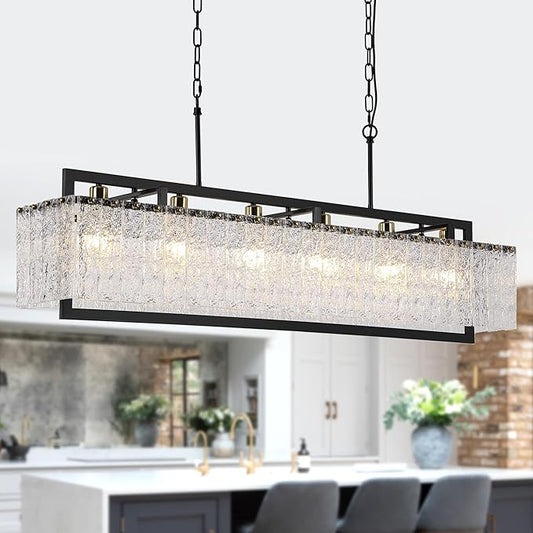 Modern Black Crystal Chandelier for Dining Room, 50" Hanging Light Fixture,Water Ripple Glass Design, Adjustable Height, Rectangle Chandelier for Living Room Kitchen Island