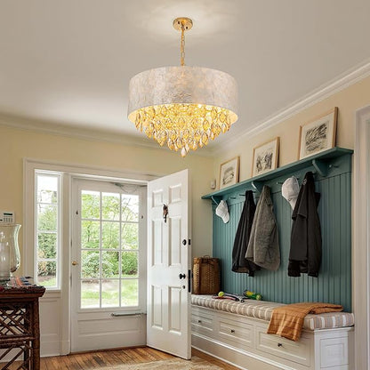 X-Large 6-Light Drum Capiz Shell K9 Crystal Chandelier, Coastal Style Pendant Light Fixture for Dining Room, Living Room, D24 * H24~70 Inch (Adjustable), Champagne Crystal & Chrome Finish