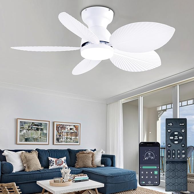 GJeg Tropical Ceiling Fans with Light, 38-inch Flush Mount Palm Leaf Ceiling Fans for Bedrooms, Indoors and Outdoors, Remote Control/APP Control, 6-Speed, Dimmable, Reversible, White.