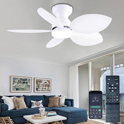 GJeg Tropical Ceiling Fans with Light, 38-inch Flush Mount Palm Leaf Ceiling Fans for Bedrooms, Indoors and Outdoors, Remote Control/APP Control, 6-Speed, Dimmable, Reversible, White.