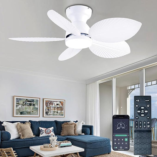 GJeg Tropical Ceiling Fans with Light, 38-inch Flush Mount Palm Leaf Ceiling Fans for Bedrooms, Indoors and Outdoors, Remote Control/APP Control, 6-Speed, Dimmable, Reversible, White.