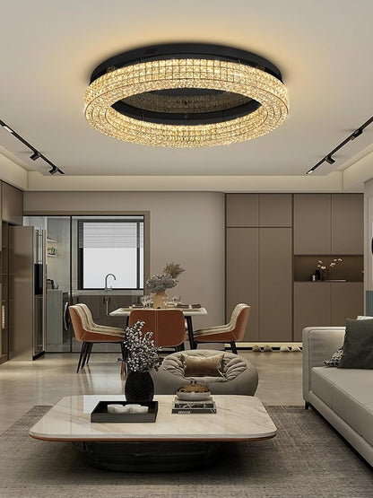 ykolupty 40'' Crystal Chandelier Light Fixture Large Chandelier for Living Room Crystal Flat Mounted Ceiling Lights Dining Room Bedroom Dimmable 2700-6000K (Black Chandeliers)